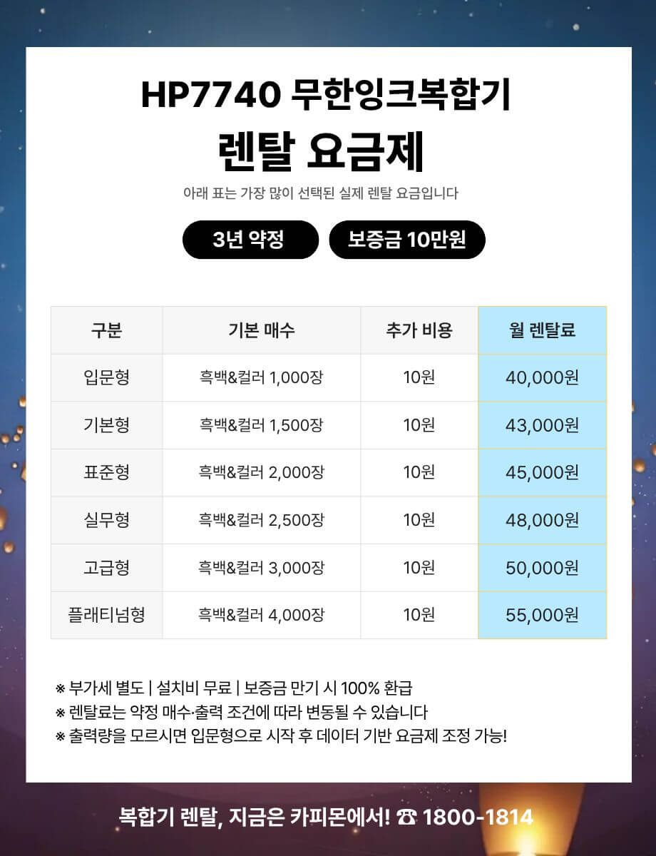 HP OfficeJet Pro 7740 복합기렌탈 요금제 및 사양 비교표