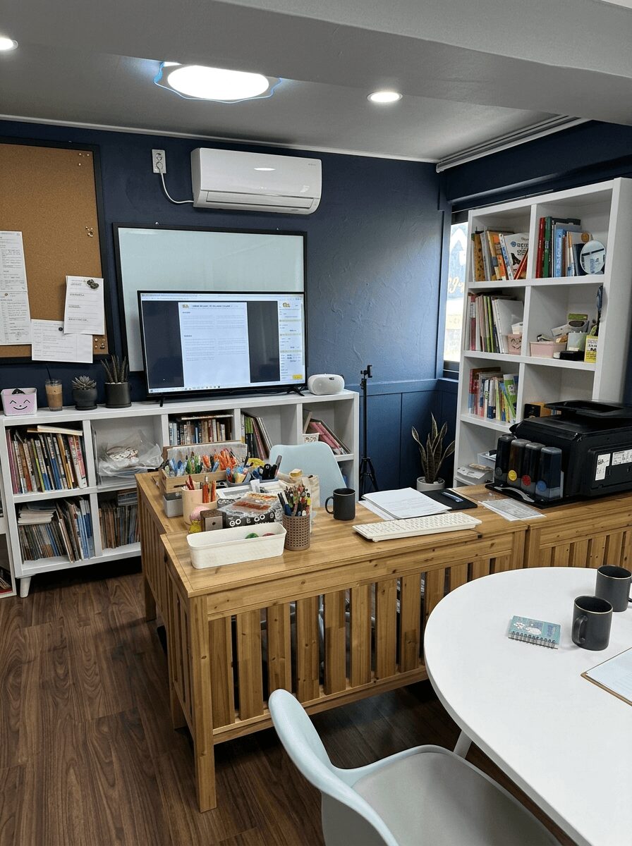 당진복합기렌탈 네이비 블루 인테리어 영어독서클럽 내부 전경과 책장 옆 HP 8710 복합기