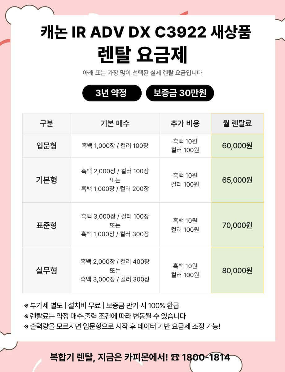 캐논 C3922 복합기렌탈 요금제 및 사양 비교표