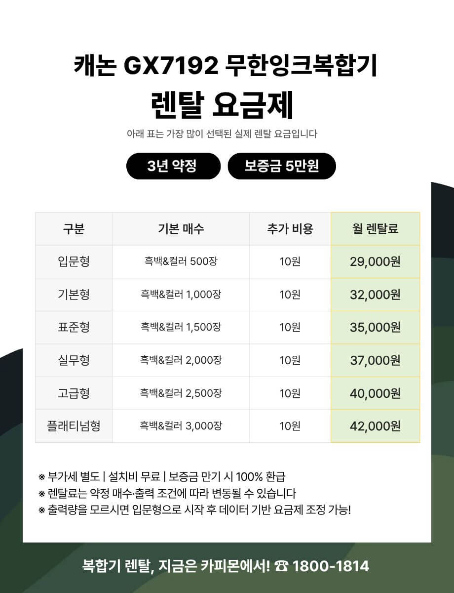 캐논 GX7192 복합기렌탈 요금제 및 사양 비교표