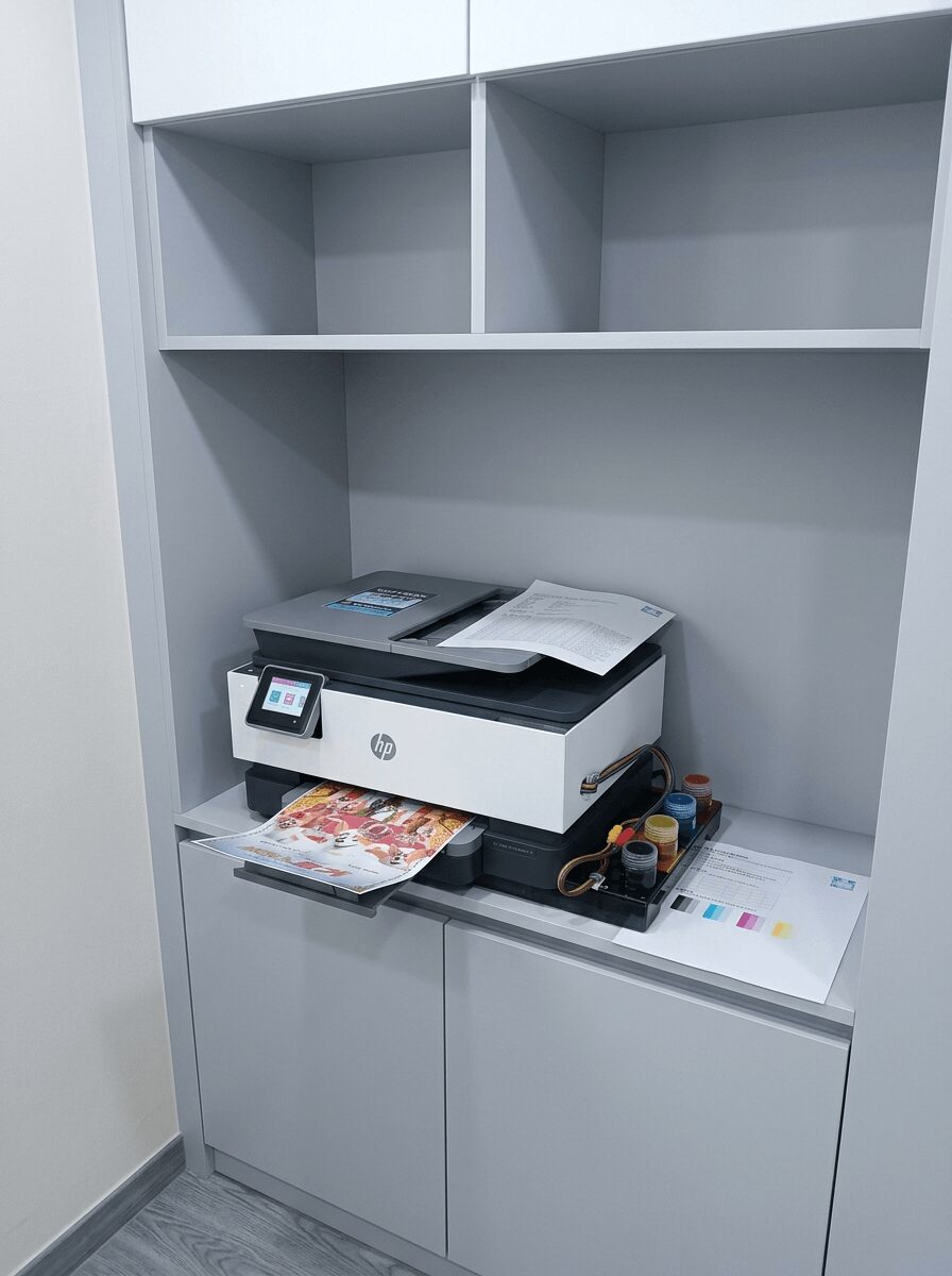 용산구프린터렌탈 HP9010에서 컬러 활동지 테스트 출력물이 나오는 클로즈업