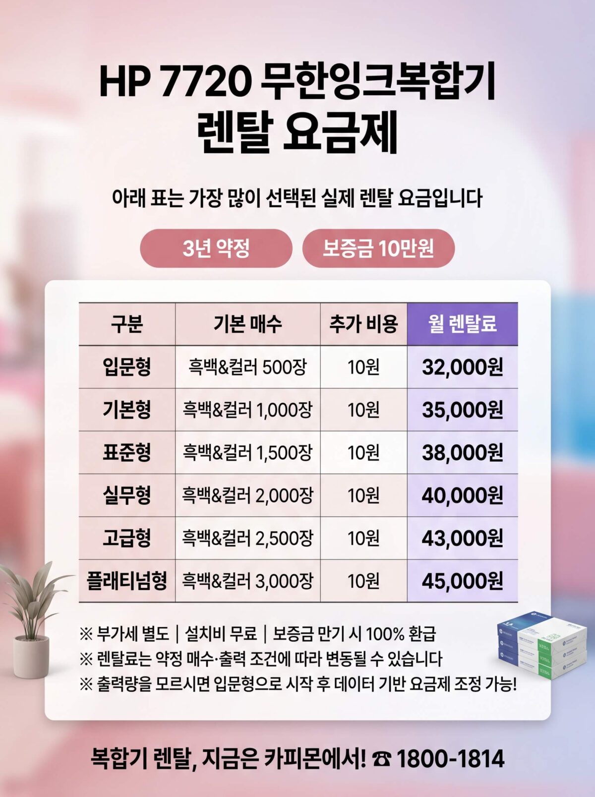 HP7720 무한잉크 복합기렌탈 요금제 및 사양표