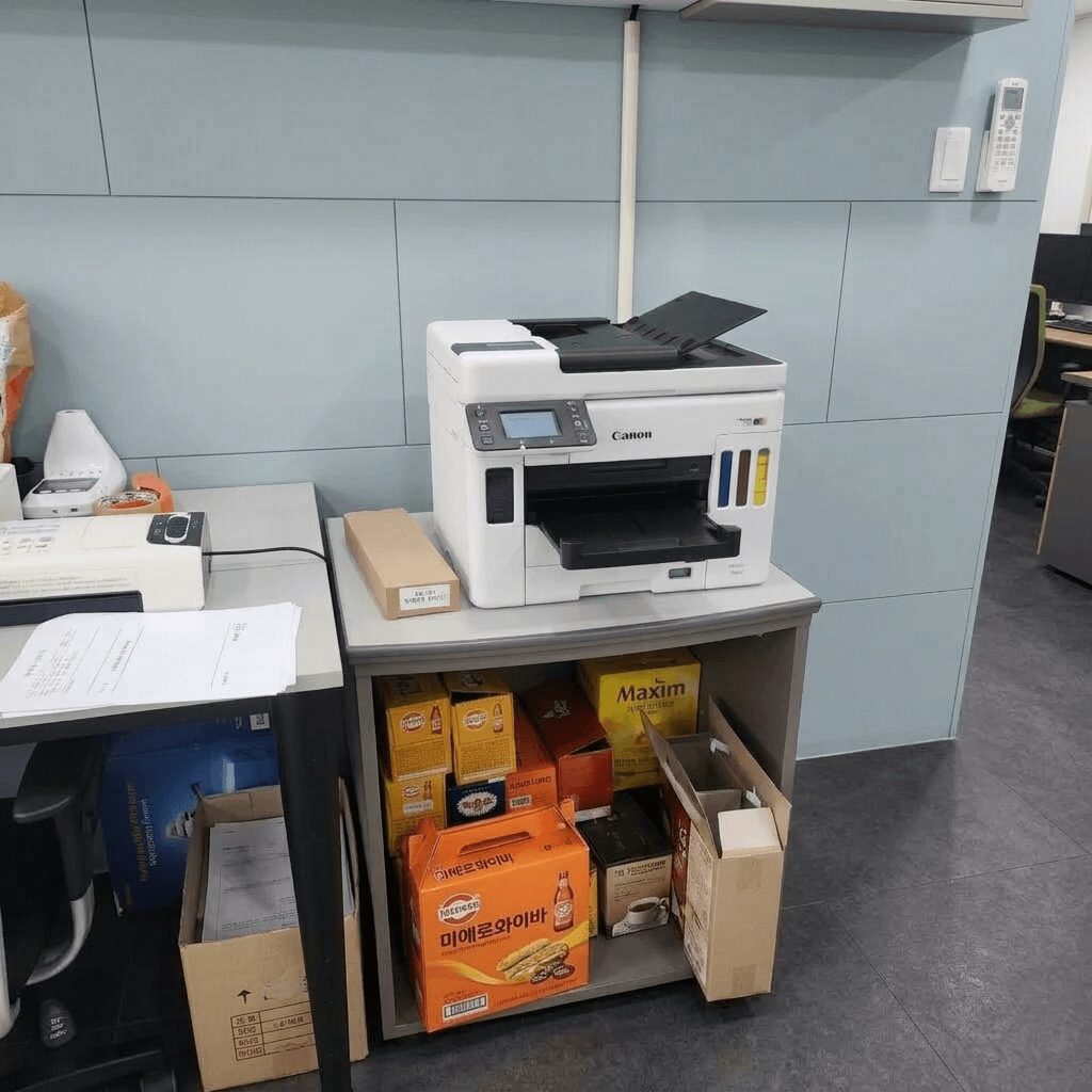 캐논 GX7192 본체 측면과 대용량 잉크 탱크부 클로즈업