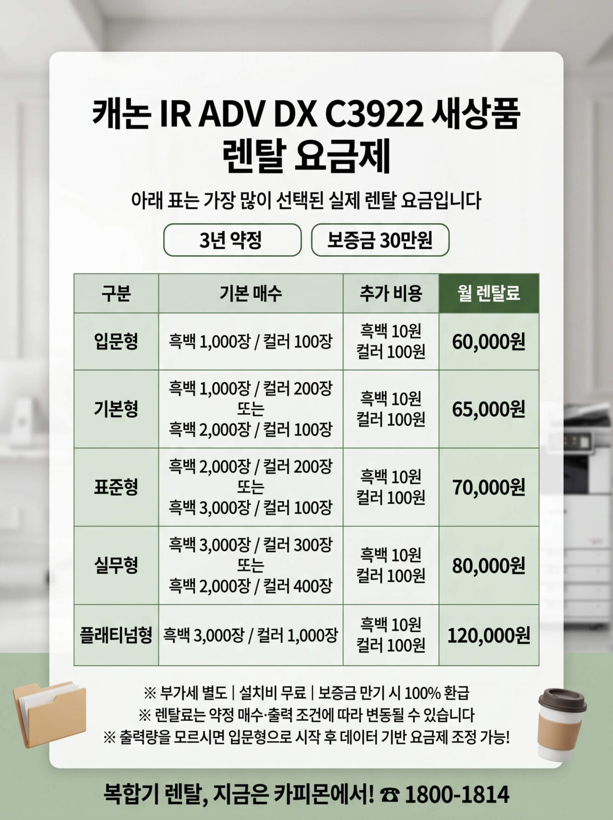 캐논 C3922 복합기렌탈 요금제 및 사양표