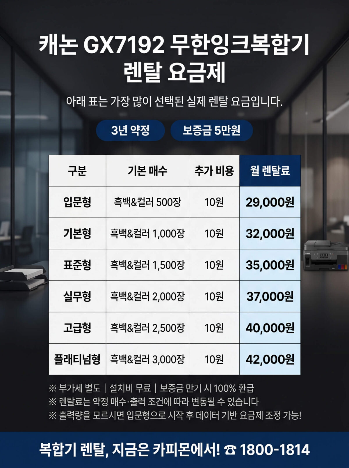 캐논 GX7192 복합기렌탈 요금제 및 사양표