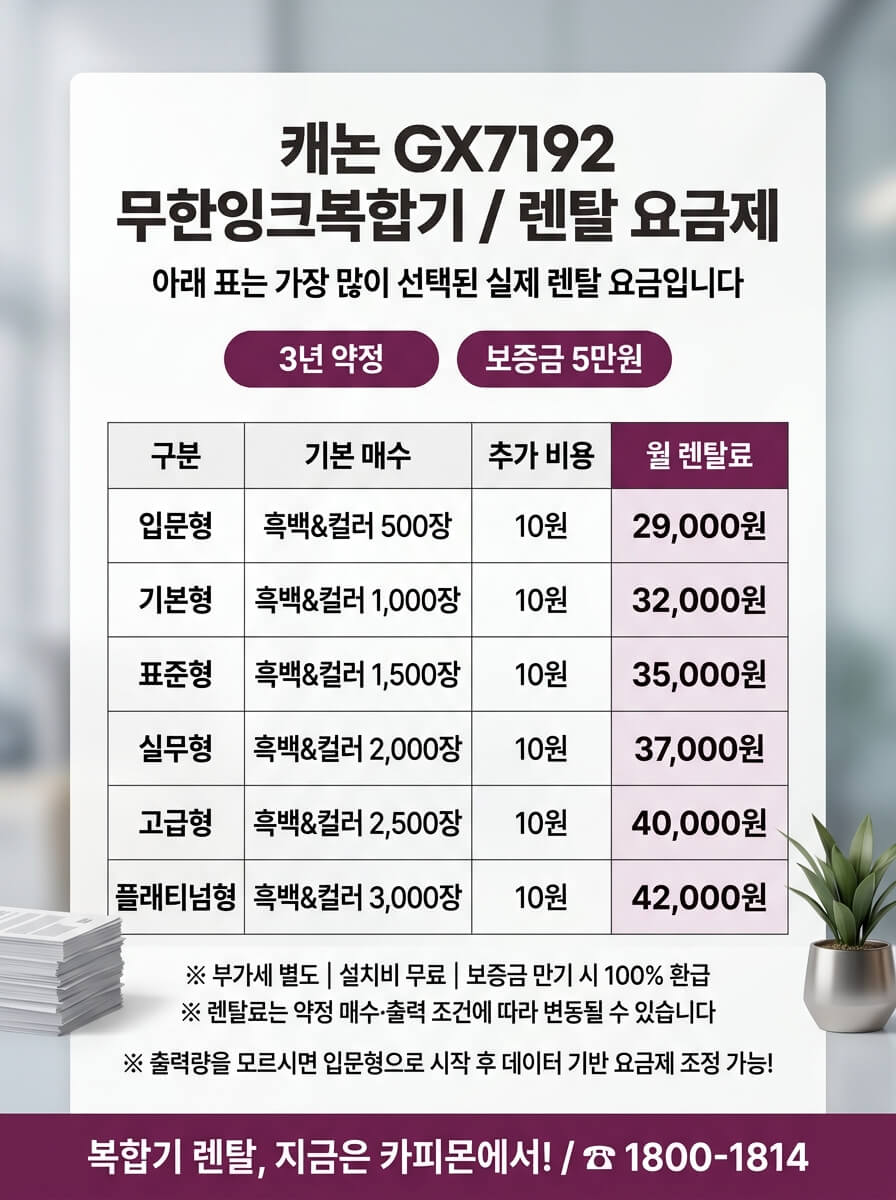 캐논 GX7192 무한잉크복합기 렌탈 요금제 표