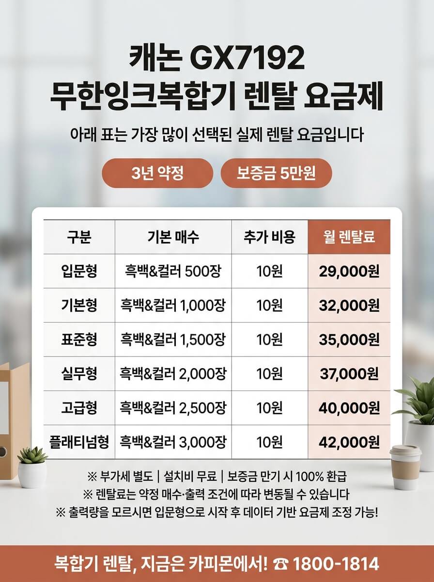 캐논 GX7192 복합기렌탈 요금제 및 사양표