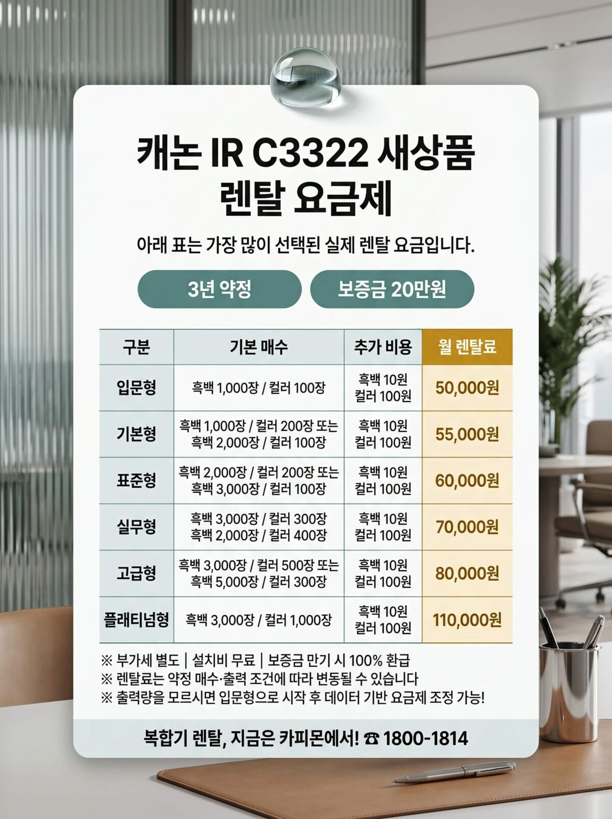 캐논 IR C3322 복합기렌탈 요금제 및 사양표