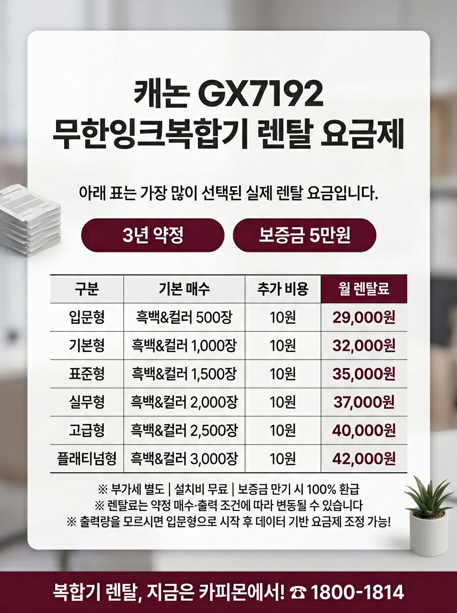 캐논 GX7192 복합기렌탈 요금제 및 사양표
