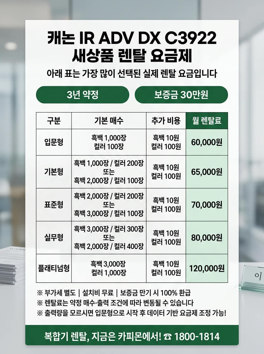 캐논 IR ADV DX C3922 복합기렌탈 요금제 및 사양표